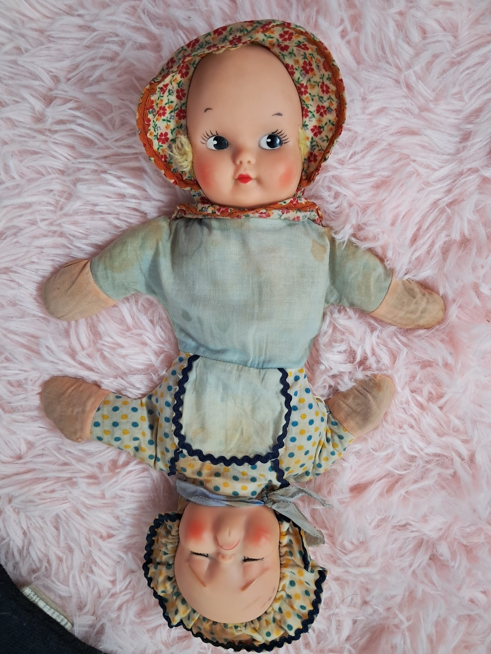 1960 Knickerbocker Topsy Turvy Vintage Floral-Bonnet Cloth Baby Doll- Fair